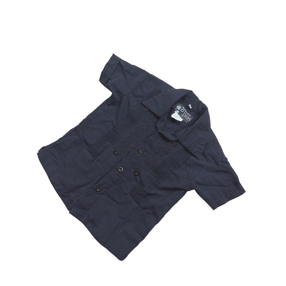 D'Yuvas Black 100% Linen Guayabera Shirt Kids Short Sleeve Embroidered Mexico 2T